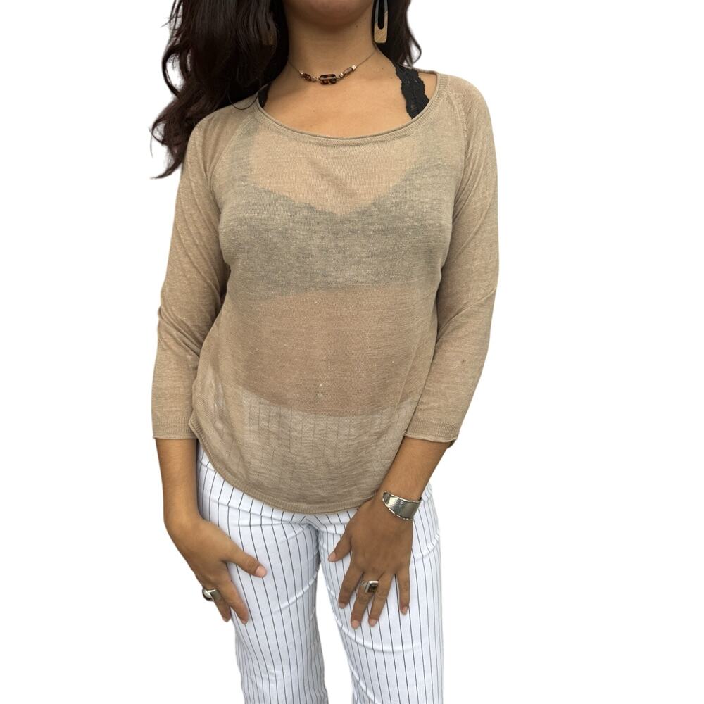 120% Lino Sheer Linen Knit Top – Lightweight 3/4 Sleeve Pullover – Taupe – S/M